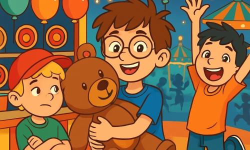 Trois personnages sont présents : Julien, un garçon de 10 ans avec des cheveux bruns en bataille, des lunettes rondes, un t-shirt bleu et un short beige, souriant au centre avec un grand nounours. Maxime, également âgé de 10 ans, a des cheveux blonds bouclés, porte une casquette rouge et un t-shirt vert, se tenant à gauche de Julien avec les bras croisés, admirant le nounours. Lucas, aussi âgé de 10 ans, a des cheveux noirs et porte un t-shirt orange et un jean, se trouvant à droite de Julien, sautant de joie avec les bras levés. L'action se déroule à un stand de tir coloré dans une fête foraine animée, entourée de manèges, de lumières scintillantes et de rires d'enfants. Julien est fier avec son nounours, tandis que Maxime montre une légère déception et Lucas exprime une joie contagieuse, créant une ambiance d'amitié.