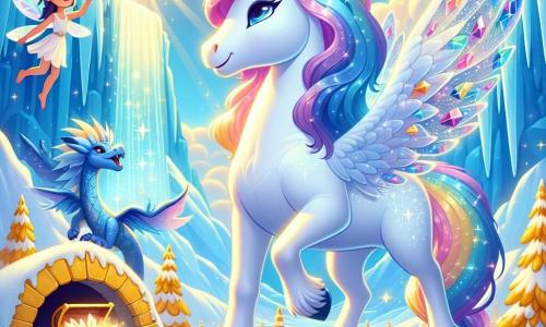 Au sommet de la montagne Glaciara, une licorne nommée Lumina, d'un blanc éclatant et à la crinière arc-en-ciel, se tient fièrement devant un coffre ancien scintillant. À ses côtés, une petite fée nommée Paillette, avec des ailes translucides et une robe de pétales, l'encourage dans leur quête. Un dragon bleu, Zéphyr, les observe en soufflant doucement, créant un vent léger. Le décor enchanteur est composé d'arbres géants aux feuilles dorées et d'un ciel bleu éclatant. Ensemble, Lumina, Paillette et Zéphyr sont prêts à découvrir le trésor qui pourrait sauver leur vallée d'un hiver éternel, dans une atmosphère d'excitation et de magie.