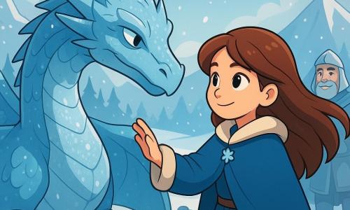 Ania, une jeune femme déterminée et douce, pose sa main sur une écaille du Dragon de Givre. Elle a de longs cheveux bruns, des yeux courageux et porte un manteau orné d'une étoile de neige. À ses côtés, le Dragon de Givre, majestueux, repose dans un cercle de pierres noires, ses écailles argentées et bleues scintillant sous une lumière douce. Le Cavalier de Glace, en armure claire et cape brillante, observe avec bienveillance. Ils sont dans une vallée enneigée entourée de montagnes, où la neige tombe doucement et le sol est parsemé de pierres noires et de stalactites luisantes. La scène capture le moment où Ania et le dragon échangent une promesse de paix, éclairant le paysage hivernal.