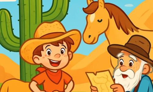 Un jeune cow-boy nommé Jack, âgé d'environ 10 ans, porte un grand chapeau de paille et affiche un sourire éclatant. Il se tient devant un cactus imposant, les mains sur les hanches, prêt à relever un défi. À ses côtés, son cheval Biscuit, un mustang doré, broute paisiblement. Un vieil homme, le prospecteur de 70 ans, se tient en retrait avec une carte jaunie dans les mains, l'air essoufflé mais enthousiaste. Le décor est une colline aride avec des collines en arrière-plan, un ciel bleu et quelques nuages. Jack, déterminé, fait face au cactus qui bloque le chemin vers le Canyon Lumineux, prêt à contourner l'obstacle pour découvrir un trésor magique.