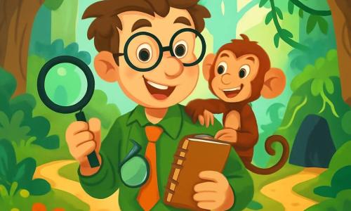 Le professeur Malo, un homme d'une quarantaine d'années aux cheveux ébouriffés et portant des lunettes rondes, affiche un sourire déterminé. Il tient une loupe et un carnet de notes, tandis que Léo, un petit singe malicieux, grimpe sur son épaule, prêt à explorer. Ils se trouvent dans la Forêt Cachée, entourés de grands arbres aux troncs épais et de fleurs colorées sur un sol de mousse. Devant eux se présente un carrefour mystérieux avec trois chemins : l'un vers une rivière, l'autre vers une colline couverte de lianes, et le dernier vers une grotte sombre. L'atmosphère est chargée d'anticipation et d'odeurs de plantes exotiques.
