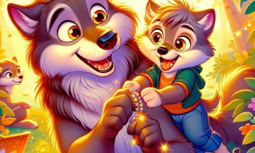 Petit Loup, un jeune loup aux poils gris et doux avec de grands yeux pétillants, serre son papa, Grand Loup, dans ses petites pattes, affichant un sourire éclatant. Grand Loup, majestueux avec une fourrure brune et des yeux chaleureux, admire le bracelet fait main que lui offre Petit Loup. La scène se déroule dans un parc verdoyant, baigné par la lumière dorée du soleil couchant, entouré d'arbres et de fleurs, avec une rivière scintillante en arrière-plan. Petit Loup et Grand Loup célèbrent la fête des pères avec un pique-nique joyeux, des guirlandes de feuilles et des jeux, créant une atmosphère festive et chaleureuse.