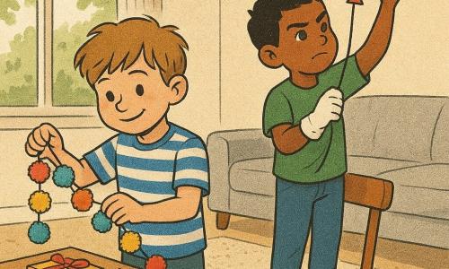 Deux garçons de 6 ans préparent une fête surprise dans un salon lumineux : Noé, châtain clair, t-shirt rayé bleu et blanc, à gauche près de la table basse, souriant et tenant une guirlande de pompons ; Sami, peau légèrement hâlée, cheveux noirs courts, t-shirt vert, debout sur une chaise à droite, une chaussette sur la main pour accrocher un ballon rouge au plafond, concentré et malicieux. Le salon a un tapis beige, un canapé gris clair, une table basse en bois clair couverte de décorations et de confettis jaunes et bleus, une fenêtre ouverte laissant entrer une lumière douce. L'ambiance est joyeuse et organisée, gestes précis et complices tandis qu'ils décorent et disposent quelques biscuits.