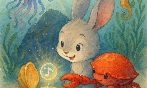 Un petit lapin anthropomorphe gris clair nommé Lino, aux grandes oreilles et regard déterminé et joyeux, tient délicatement un coquillage doré en train de s’ouvrir d’où s’échappe une bulle d’eau lumineuse en forme de note musicale projetant des ondes de lumière douce ; à droite, un gros crabe rouge aide en tapotant le coquillage, au-dessus à gauche flotte une méduse translucide lumineuse aux tentacules ondulés émettant de petites bulles, et en arrière-plan, un hippocampe orange coiffé d’une minuscule couronne d’algues observe depuis des herbes marines ; décor : fond marin peu profond devant un grand rocher noir, sable beige, herbes d’émeraude ondulant et rayons dorés filtrant à travers l’eau — ambiance magique, chaleureuse et curieuse.