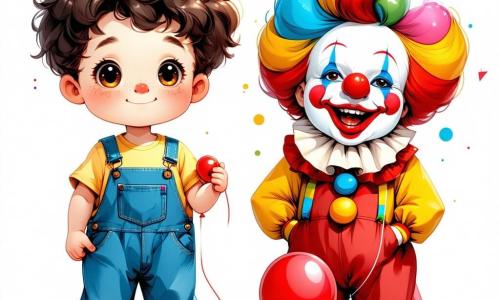 Léo, un petit garçon d'un an aux grands yeux pétillants et cheveux bouclés, sourit au centre de la scène, portant une salopette bleue et un t-shirt jaune, tenant un ballon rouge. À ses côtés, un clown joyeux d'environ 30 ans, avec un nez rouge et une perruque multicolore, jongle avec des balles colorées tout en riant et en faisant un clin d'œil à Léo. Un peu plus loin, Mia, une petite fille de 3 ans déguisée en papillon avec des ailes scintillantes, danse joyeusement. La scène se déroule sur une place animée, décorée de guirlandes et de ballons, avec des stands de friandises et des jeux en arrière-plan. Léo, le clown et Mia découvrent une boîte brillante pleine de confettis et de bonbons, dans une ambiance festive.