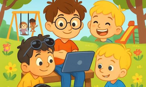 Quatre enfants sont présents : Léo, 8 ans, avec des cheveux bruns en bataille et des lunettes rondes, assis sur un banc avec un ordinateur portable sur les genoux ; Tom, 7 ans, blond en t-shirt rouge, debout à côté de Léo avec un grand sourire ; Max, 8 ans, cheveux noirs et lunettes de soleil sur le front, accroupi devant Léo, curieux de l'écran ; et Sam, 7 ans, châtain en t-shirt bleu, assis par terre avec un jouet, écoutant Léo. La scène se déroule dans un parc ensoleillé avec des fleurs colorées, des arbres, des balançoires et un toboggan, tandis que d'autres enfants jouent. Léo utilise son ordinateur pour aider ses amis à communiquer et à s'amuser, illustrant la joie de l'amitié et de la diversité.