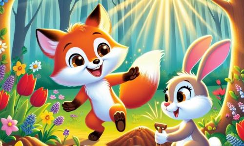 Dans une clairière ensoleillée de la forêt au printemps, un petit renard orange nommé Fripon, avec de grands yeux bruns, saute joyeusement parmi des fleurs colorées. À ses côtés, son ami le lapin Lutin, un adorable lapin blanc, tient une petite pelle et regarde Fripon avec enthousiasme. La clairière est remplie de tulipes rouges, de jonquilles jaunes et de violettes, tandis que des rayons de soleil filtrent à travers les feuilles des arbres. Fripon et Lutin plantent des graines dans le sol doux, impatients de voir les fleurs éclore.