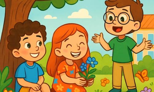 Il y a trois personnages : Lucas, un garçon de 8 ans aux cheveux bouclés et aux yeux pétillants, assis sous un grand arbre, souriant à ses amis ; Emma, une fille de 8 ans aux longs cheveux roux, accroupie à côté de Lucas avec une plante aux fleurs bleues ; et Tom, un garçon de 8 ans avec des lunettes rondes, debout en arrière, racontant une histoire avec enthousiasme. L'action se déroule dans un jardin d'école ensoleillé, rempli de fleurs et de plantes, avec un grand arbre offrant de l'ombre. Les enfants discutent joyeusement de leur aventure à la recherche d'un remède, Lucas, bien que fatigué, est heureux, entouré de ses amis qui l'encouragent.