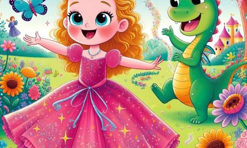 Lila, une princesse joyeuse de 8 ans, porte une robe rose éclatante avec des paillettes. Elle danse dans un jardin magique, entourée d'un papillon bleu nommé Perle et d'un dragon comique, Max, qui fait des mouvements amusants. Le jardin est rempli de fleurs colorées, d'arbres aux feuilles dorées et d'une fontaine éclaboussante. Lila, Perle et Max dansent ensemble, créant une atmosphère joyeuse et magique.