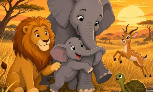 Léon, lion mâle au sourire doux et à la crinière dorée, veille protecteur près d’Émile, petit éléphant gris enjoué enlacé par sa mère Émilie, tandis que Léa la gazelle bondit à droite et Gracie la tortue observe depuis une pierre : réunion émouvante et apaisée au bord d’un ruisseau au coucher du soleil, savane dorée, composition centrée sur l’étreinte éléphantesque, les autres animaux formant un demi-cercle protecteur, palette chaude, contours nets et formes simples.