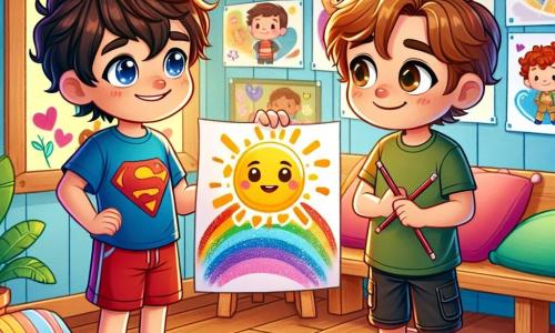Maxime, un garçon de 9 ans aux cheveux bruns en bataille et aux yeux pétillants, se tient au centre de l'image avec un sourire timide. Il porte un t-shirt bleu avec un super-héros et un short rouge, tenant un dessin coloré d'un soleil éclatant symbolisant l'amour et la joie. À ses côtés, Lucas, également âgé de 9 ans, aux cheveux blonds et lunettes rondes, admire le dessin de Maxime. Il est vêtu d'un t-shirt vert et d'un short noir, tenant un crayon prêt à dessiner. En arrière-plan, la salle du Club des Explorateurs est ornée de dessins d'enfants, créant une ambiance chaleureuse. La scène illustre un moment de créativité et d'amitié entre Maxime et Lucas, entourés d'autres enfants qui dessinent et rient, symbolisant le soutien et la camaraderie.