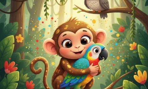 Lili, une petite singe brune aux yeux brillants, rit en se balançant sur une branche et serre Pablo, un perroquet dont le plumage terne retrouve ses couleurs sous une gerbe d'étincelles colorées, tandis qu'un vieux hibou gris observe depuis une branche haute dans une forêt luxuriante baignée de rayons dorés; ambiance chaleureuse, formes rondes et couleurs douces et saturées.