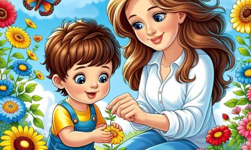 Un petit garçon de 2 ans, Lucas, aux cheveux châtains et aux yeux pétillants, est assis dans un jardin coloré, souriant en touchant une fleur vibrante. Sa maman, une femme d'une trentaine d'années avec de longs cheveux bruns, plante des graines dans le sol tout en regardant Lucas avec tendresse. Le jardin est rempli de fleurs éclatantes sous un ciel bleu clair, avec des papillons colorés volant autour d'eux. Ils célèbrent la beauté du printemps avec joie.