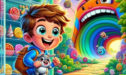 Un garçon de 6 ans, Malo, avec des cheveux bruns en bataille et des yeux curieux, se tient au bord d'un tunnel magique sortant du frigo. Il sourit, tenant son doudou Lapinou, un lapin en peluche gris. À côté, une chaussure géante colorée danse sur une patte. En arrière-plan, un escargot en rollers fait des pirouettes sur un chemin de bonbons. Le décor est fantastique, avec des arbres en sucettes, des nuages en guimauves et des fleurs chantantes. Malo, émerveillé, est prêt à entrer dans le tunnel tandis que la chaussure danse autour de lui, créant une ambiance joyeuse.