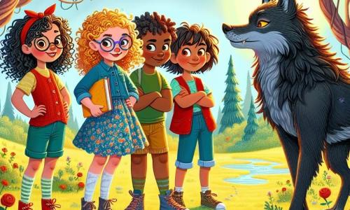 Dans une clairière ensoleillée de la forêt enchantée, quatre filles se tiennent courageusement devant un grand méchant loup. Clara, 10 ans, avec des cheveux dorés et bouclés, porte une robe bleue à fleurs et tient un carnet de croquis, prête à dessiner. Lila, 9 ans, avec des lunettes rondes et des cheveux bruns en queue de cheval, est à côté d'elle, les bras croisés. Emma, 10 ans, avec des cheveux châtains en tresses, est un peu en retrait, mais son regard est courageux. Sofia, 9 ans, aux cheveux noirs frisés, fait un pas en avant, les mains sur les hanches. Le loup, majestueux avec un pelage sombre et des yeux brillants, se tient sur ses pattes arrière, souriant. La clairière, entourée d'arbres noueux, est illuminée par des rayons de soleil, créant une ambiance magique. Les filles, avec courage et curiosité, s'apprêtent à écouter l'histoire du loup, transformant une rencontre redoutée en une opportunité de compréhension et d'amitié.