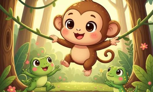 Momo, petit singe chibi au visage rond et fourrure brune brillante, est coincé dans une liane, les bras tendus et l'air à la fois joyeux et surpris ; Gigi la grenouille verte aux joues roses saute d'un nénuphar à gauche pour l'aider tandis que Léon le lézard vert à taches jaunes applaudit depuis une pierre à droite près de l'arbre de la ligne d'arrivée. La scène se déroule dans une jungle lumineuse et colorée (troncs épais, grandes feuilles, lianes, petites fleurs, étang brillant et sol mousseux), composition centrée, mouvement clair, couleurs saturées, contours nets et formes rondes, ambiance chaleureuse et rigolote adaptée aux tout-petits.
