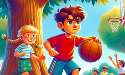 Théo, un garçon de 8 ans aux cheveux bruns en bataille, a un regard déterminé et un peu triste. Il porte un t-shirt rouge vif et un short bleu, tenant un ballon de basket sous son bras. À côté de lui, Zoé, une fille de 7 ans avec des cheveux blonds tressés et un short à motifs de bananes, sourit, prête à le soutenir. Le décor est un parc ensoleillé avec un marronnier en arrière-plan et des enfants jouant au basket. Théo est concentré, prêt à tirer, tandis que la balle s'élève, capturant un moment de tension et d'espoir, tandis que les autres enfants s'amusent, créant une atmosphère joyeuse.