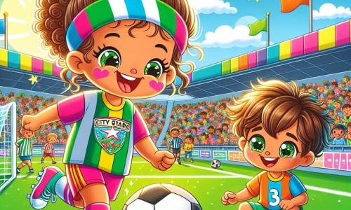 Céline, une fille de 10 ans, est au centre de l'image, avec des cheveux bouclés, un bandeau coloré et un grand sourire. Elle porte un maillot de football aux couleurs vives de son équipe, les Étoiles de la Ville, et dribble un ballon avec aisance. À côté d'elle, Hugo, un garçon de 8 ans aux cheveux bruns en bataille et un maillot un peu grand, l'observe avec admiration, prêt à essayer de dribbler. Le décor est un stade ensoleillé, rempli de supporters brandissant des drapeaux. Céline montre à Hugo comment dribbler, créant une atmosphère joyeuse d'amitié et de passion pour le football.
