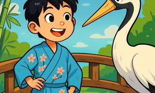 Un jeune garçon nommé Hiroshi, âgé d'environ 10 ans, se tient sur un vieux pont en bois, émerveillé. Il a des cheveux noirs et porte un kimono bleu clair avec des motifs de cerisiers. Ses yeux brillent d'excitation en observant une grue majestueuse aux plumes blanches qui semble l'inviter à s'approcher. Le pont en bois traverse une rivière scintillante, entourée de bambous et de fleurs colorées, sous un ciel bleu parsemé de nuages. Hiroshi s'approche de la grue, prêt à découvrir les mystères du monde, dans une atmosphère magique évoquant une aventure fantastique.