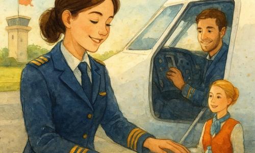 Léa, pilote de 28 ans, souriante et confiante, cheveux bruns attachés et veste bleu marine à épaulettes dorées, caresse l’aile brillante d’un avion blanc au soleil du matin ; Paul, copilote de 30 ans à la barbe légère, assis dans la cabine ouverte, la regarde en souriant en ajustant un bouton du tableau de bord à droite ; Marie, hôtesse de 29 ans aux cheveux blonds en chignon, porte un gilet coloré et tient une petite bouteille d’eau dans l’allée près de la porte ouverte. Le petit aéroport clair montre la piste, de l’herbe verte, la tour de contrôle au loin, des bagages près de l’escalier et un drapeau qui flotte ; l’ambiance est sereine et joyeuse, lumière dorée, nuages blancs et touches aquarelle.