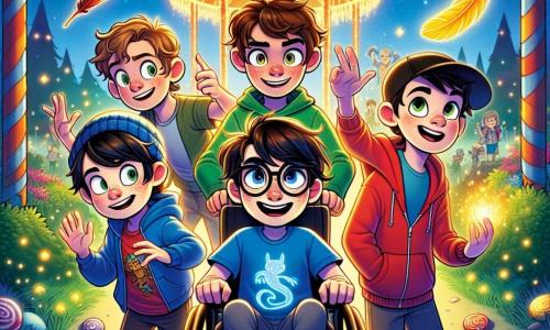 Quatre garçons se tiennent ensemble au centre de l'image, entourés d'une lueur magique. Alex, 10 ans dans un fauteuil roulant, a des cheveux bruns en bataille et porte un t-shirt bleu avec un dragon. À sa droite, Hugo, 9 ans avec des lunettes rondes et des cheveux blonds, sourit dans un sweat à capuche rouge. À gauche, Léo, 10 ans aux cheveux châtains, porte un t-shirt vert et observe la scène. Max, 8 ans avec des cheveux noirs et une casquette à l'envers, pointe une plume dorée flottant dans l'air. Le décor est un kiosque de parc enchanté, décoré de guirlandes lumineuses et de bonbons géants, sous un ciel crépusculaire. Les garçons découvrent une petite fée, Fizzebulle, qui leur demande de l'aider à retrouver les plumes dorées d'un hibou magique, Hooticus. Intrigués, ils se préparent à partir à l'aventure pour rétablir la magie de leur ville.