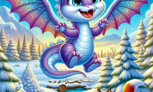 Petalune, un dragonneau aux écailles scintillantes comme des cristaux d'améthyste, vole joyeusement dans le ciel d'hiver, ses grandes ailes colorées se déployant avec grâce. Il sourit, ses yeux pétillants de curiosité, découvrant la beauté de la forêt enneigée. Près de là, des lapins blancs aux pelages duveteux s'amusent à sauter dans la neige, tandis qu'un renard roux les observe, caché derrière un sapin. La scène se déroule dans la grande Forêt Dorée, avec des sapins majestueux chargés de neige scintillante et un sol recouvert d'une épaisse couche de neige immaculée. Petalune survole la forêt, émerveillé par l'hiver, tandis que les lapins jouent et que le renard observe, créant une atmosphère joyeuse et magique.