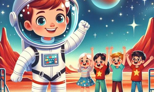 Un astronaute nommé Sam se tient sur la surface rouge de Mars, souriant derrière son casque transparent qui reflète les étoiles. À proximité, quatre garçons et deux filles, âgés de 7 à 10 ans, regardent fascinés l'aventure de Sam sur un écran de télévision. Ils portent des vêtements colorés et sautent de joie en l'encourageant. La scène se déroule sur Mars, avec un ciel étoilé, des montagnes rouges et un sol parsemé de pierres et de cratères. Sam lève les bras en signe de victoire, prêt à explorer, tandis que les enfants rêvent de devenir des explorateurs de l'espace.