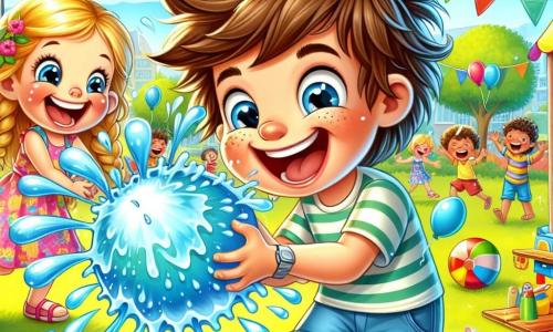 Léo, un garçon de 8 ans aux cheveux bruns en bataille et au sourire malicieux, éclate un ballon rempli d'eau au centre de l'image, provoquant un jet d'eau joyeux. À ses côtés, Mia, sa meilleure amie de 7 ans avec des cheveux blonds tressés et une robe colorée, rit aux éclats, prête à se faire arroser. En arrière-plan, un parc coloré avec des arbres, des enfants jouant et un clown jonglant, sous un ciel bleu et ensoleillé. La scène dégage une atmosphère festive pleine de rires et de bonheur.
