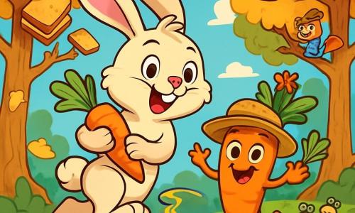 Un lapin joyeux nommé Basile, avec un pelage crème et des oreilles tombantes, saute avec un sourire éclatant en tenant une carotte brillante. À ses côtés, Carottine, une carotte anthropomorphique souriante avec un chapeau de paille, fait des gestes enjoués. En arrière-plan, la Forêt-aux-Sandwichs est peuplée d'arbres en pain doré et de sandwiches colorés. La scène montre Basile et Carottine courant après un sandwich farceur, tandis que des limaces applaudissent et des écureuils en pyjama les encouragent.
