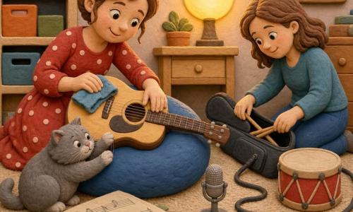 Femme souriante aux cheveux châtains en chignon, vêtue d’une robe rouge à pois blancs, essuyant une guitare en bois clair posée sur un coussin bleu et remettant des baguettes dans un étui près d’un petit tambour rond, un chat gris frottant ses pattes contre les cordes, une lampe ronde jaune diffusant un halo au-dessus d’une table en bois clair, partitions empilées, câbles en spirale noirs et micro argenté sur support, pièce cosy avec tapis beige, murs pastel, étagère à boîtes colorées et armoire en bois clair ; une musicienne range ses instruments avec des gestes lents et joyeux dans une ambiance douce et ordonnée, rendu en pâte à modeler avec formes rondes et textures marquées.