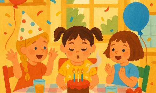 Trois filles d’environ 6 ans : Lina, brune en couettes, au centre soufflant les bougies d’un petit gâteau rond ; Zoé, blonde en tresse à gauche, mains levées de surprise et joie ; Mila, châtain court à droite, tenant un ballon bleu et applaudissant ; elles sont dans une cuisine lumineuse avec une grande fenêtre, une table en bois clair couverte d’une nappe à carreaux pastel, guirlandes, confettis, verres de jus et un paquet cadeau, ambiance chaleureuse et joyeuse aux couleurs douces.