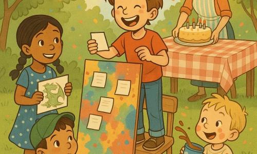 Scène d’anniversaire dans un jardin clos : un garçon de 10 ans aux cheveux châtains et yeux rieurs, debout sur une petite chaise, lit des papiers collés sur un grand carton coloré pendant qu’enfants et peinture s’agitent autour. À gauche, Ana (9 ans) en robe à pois bleus tient un dessin de dragon, Malik (9 ans) à la casquette verte est assis au sol, timide mais curieux, et Tom (3 ans) couvert de peinture brandit un pot près du bord droit du carton. La mère, cheveux attachés et tablier à rayures, pose au centre un gâteau rond à la vanille ; guirlandes, confettis et coussins complètent la décoration.