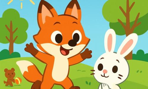 Rémi le renard, avec son pelage roux et ses grands yeux pétillants, se tient au centre de l'image, souriant joyeusement. Il saute avec enthousiasme, prêt à accueillir son ami. Léon le lapin, au pelage blanc doux et aux grandes oreilles, se tient en retrait, surpris et heureux, regardant Rémi avec un sourire timide. Le parc est verdoyant, rempli d'arbres et de fleurs colorées, où des enfants animaux jouent à la balle. Rémi court vers Léon pour lui faire un câlin, sous un soleil brillant, symbolisant leur amitié retrouvée.