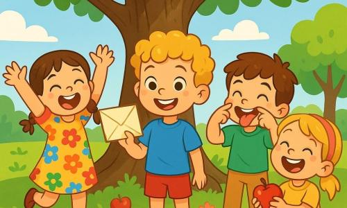 Quatre personnages principaux : Léo (8 ans, cheveux bouclés dorés, t-shirt bleu, short rouge) est au centre, souriant avec une enveloppe. Emma (7 ans, cheveux bruns en tresses, robe à fleurs) est à gauche, riant aux éclats. Tom (8 ans, cheveux châtains, t-shirt vert, pantalon beige) est à droite, faisant une grimace amusante. Mia (7 ans, cheveux blonds, bandeau rose, t-shirt jaune, short en jean) est légèrement en arrière, tenant une pomme rouge. Le lieu est un parc ensoleillé avec des arbres verts et des fleurs colorées. Les enfants sont en pleine chasse au trésor, riant ensemble, avec des pommes rouges autour et une boîte scintillante cachée sous un arbre.