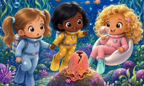 Trois filles de 4 ans explorent un jardin sous-marin coloré : Lina (châtain clair en couettes, grande combinaison bleu pâle) à gauche tient la main de Nour, Nour (cheveux noirs courts, combinaison moutarde à petites étoiles) au centre tient aussi celle de Zoé et pointe une cloche de corail rose-orange fissurée posée sur un rocher, Zoé (blonde bouclée, combinaison rose pâle) à droite est assise dans un petit fauteuil flottant blanc et souffle une grosse bulle; herbes marines en rubans, rochers moussus violets, bancs d’algues ondulants, poissons rayés orange et blanc, fond bleu dégradé avec particules lumineuses; ambiance douce, couleurs vives, textures câlines, style chibi kawaii, gestes attentionnés et expressions curieuses.