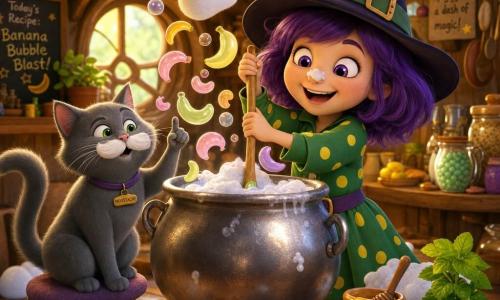 Petite sorcière Lili au visage rond, yeux brillants et sourire malicieux, cheveux courts violets, chapeau pointu souple et robe verte à pois jaunes, remue un chaudron brillant qui fait des bulles banane-colorées et une mousse blanche formant coussins sautillants, une goutte de mousse sur le nez ; à gauche, Moustache, chat gris aux grandes moustaches blanches, perché sur un tabouret, regarde le chaudron en levant une patte ; au-dessus flotte une chaussette-nuage moelleuse ; décor : cuisine magique chaleureuse en bois clair avec étagères de bocaux colorés, table ronde et lumière dorée ; ambiance douce, amusante et rassurante, rendu 3D lisse, plan moyen en légère plongée pour voir le chaudron et les expressions.