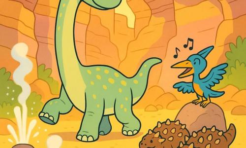 Milo, un grand diplodocus au long cou vert pâle tacheté de jaune, a une expression joyeuse et un peu timide ; il avance prudemment en levant une patte comme pour danser. Lila, un petit ptéranodon bleu et orange, est perchée sur une pierre et chante, des notes flottent derrière Milo. Une famille de trois ankylosaures trapus aux carapaces brunes frappe le sol de leurs queues en rythme sur les bords du canyon. Le canyon aux parois ocre, rose et or, avec des stalactites et une lumière dorée, s'ouvre sur un champ de geysers crachant vapeur et gouttelettes ; Milo traverse ce champ en évitant les jets, la scène dégage chaleur, mouvement et magie, composition claire adaptée aux enfants.