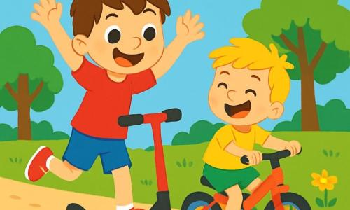 Deux personnages principaux : Tom, un garçon de 6 ans avec des cheveux bruns en bataille, un t-shirt rouge et un short bleu, qui pousse sa trottinette les bras en l'air, et Léo, 5 ans, avec des cheveux blonds, un t-shirt jaune et un short vert, riant sur son vélo. La scène se déroule dans un parc ensoleillé avec une pelouse verte, des fleurs colorées et un chemin en gravier. Tom et Léo courent ensemble, zigzaguant et riant, créant une atmosphère de bonheur.
