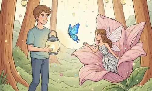 Un jeune homme souriant tient devant lui une petite lampe ronde en métal poli qui diffuse une lumière dorée et marche sur un sentier mousseux; un papillon bleu vif vole devant lui au niveau des yeux, tandis qu'une petite fée d'apparence vingtaine, vêtue d'une robe de pétales argentés, émerge d'une grande fleur rose pâle aux veines dorées et tend la main vers la lampe; la fleur forme un abri sur une clairière de mousse, entourée d'arbres aux troncs caramel parés de lanternes et d'étoiles tombantes qui couvrent le sol d'un tapis scintillant, créant une atmosphère douce, lumineuse et magique aux couleurs pastel et contours rassurants.