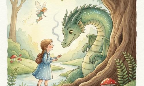 Fillette de six ans aux couettes châtain clair, robe bleue à pois blancs, chaussures rouges boueuses et petit sac à dos tend la main vers un grand dragon amical aux écailles vert irisées et yeux dorés, museau légèrement fumant, penché en courbette près d’un énorme tronc; une fée lumineuse vole au-dessus en traînant une poussière scintillante; en arrière-plan une rivière claire, champignons rouges à pois blancs et fougères encadrent l’arbre massif; lumière douce du matin, palette pastel aquarelle, textures granuleuses, atmosphère chaleureuse et magique — rencontre au pied d’un arbre ancien, moment de confiance centré sur le contact des regards.