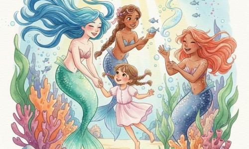 Luna, une sirène au visage doux et aux longs cheveux bleu électrique en rubans et à la queue irisée turquoise-vert, tient la main de Léa, une fillette de quatre ans en robe rose pâle et couettes, tandis qu'elles nagent doucement ; Océane, sirène aux cheveux corail et taches de nacre, rit en lançant des bulles lumineuses à droite, et Marin, sirène à la queue bleu sombre et natte de coquillages, joue avec un banc de poissons derrière elles, dans un jardin sous-marin de coraux, plantes ondulantes et coquillages scintillants baignés de colonnes de lumière, la scène exprimant découverte et joie.