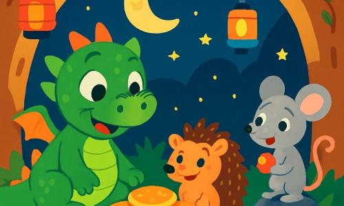 Un Petit Dragon aux écailles vertes et brillantes, avec de grands yeux pétillants de curiosité, sourit en regardant une assiette de galettes dorées. Il est assis sur l'herbe, entouré de fleurs colorées, impatient et heureux. À côté, Samir le hérisson, avec son pelage brun, regarde les galettes avec émerveillement, ses piquants scintillant sous la lumière de la lune. Lila la souris, avec son pelage gris, sourit en tenant un petit fruit juteux, partageant l'excitation du moment. La scène se déroule dans une grotte accueillante, illuminée par des lanternes colorées, ornée de fleurs et de dessins d'étoiles, créant une atmosphère chaleureuse. Petit Dragon et ses amis sont réunis autour d'un repas festif, riant et partageant des galettes, sous le regard bienveillant de la lune.