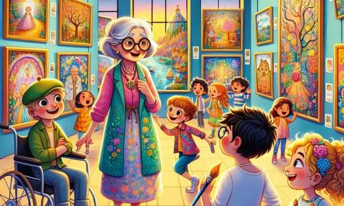 Dans une salle d'exposition lumineuse, Margaux, une femme âgée aux cheveux argentés et aux lunettes rondes, se tient au centre, entourée de ses tableaux colorés. À sa gauche, Sophie, une fille de 10 ans avec des cheveux bouclés, admire un dessin en tenant un pinceau. À sa droite, Tom, un garçon de 11 ans en fauteuil roulant, raconte une histoire avec enthousiasme. Lucas, un garçon de 10 ans avec des lunettes, ajuste le son d'un haut-parleur, tandis que Clara, une fille de 9 ans, danse devant les visiteurs émerveillés. La salle est décorée de guirlandes lumineuses et de ballons colorés, avec des murs ornés de tableaux vibrants. Margaux prend la parole devant une foule de visiteurs admiratifs, partageant son histoire de confiance en soi et d'art, soutenue par ses jeunes amis.