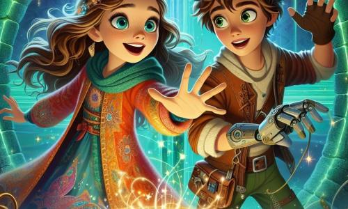 Au centre de l'image, Liora, une fille de 12 ans aux longs cheveux bruns et à la robe colorée ornée de motifs magiques, tend la main vers un orbe lumineux flottant. À ses côtés, Kael, également âgé de 12 ans, observe l'orbe avec admiration tout en manipulant une petite machine à vent. Ils se trouvent dans une grotte mystérieuse aux murs verts luminescents, remplie de cristaux flottants et de glyphes anciens. Liora et Kael sont prêts à affronter le Gardien de l'orbe, un serpent de pierre majestueux qui émerge des ombres.