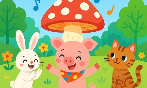 Un petit cochon rose, avec un foulard à pois colorés, danse joyeusement dans un grand champ verdoyant, rayonnant de bonheur. À côté, un lapin aux grandes oreilles blanches applaudit en sautillant, tandis qu'un chat tigré sourit en le regardant. En arrière-plan, un champignon géant rouge et blanc se dresse, entouré de fleurs colorées et d'arbres aux feuilles éclatantes. L'atmosphère est festive, avec des bulles de musique flottant dans l'air, tandis que les amis de Tim se rassemblent pour admirer sa danse.