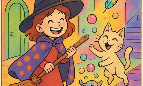 Une jeune sorcière, Mina Mirliflore, sourit malicieusement, vêtue d'une cape à pois et d'un chapeau qui glousse, tenant un balai ronronnant. À côté d'elle, Biscotte, un chat à trois oreilles, exécute un salto, laissant tomber une plume multicolore. Le siphon facétieux, une petite créature aux yeux pétillants et un nœud papillon en confettis, souffle des bulles colorées près de Mina. La scène se passe dans un couloir magique aux murs multicolores et chantants, avec des portes vert pomme et des escaliers à rayures violettes. Mina et le siphon rient ensemble, entourés de couleurs éclatantes, créant une ambiance joyeuse et enchantée.