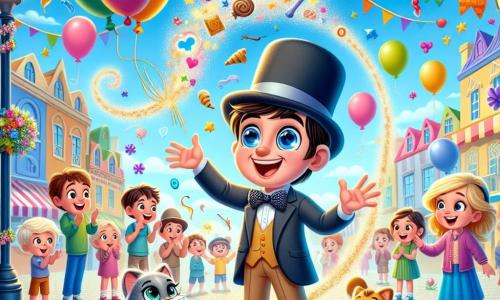 Au centre de l'image, Tim, un homme souriant d'une trentaine d'années avec un chapeau melon trop grand, éternue avec force, créant un tourbillon de couleurs et d'objets comme des ballons et des fleurs. À sa droite, Gribouille, son chat aux poils gris et aux yeux verts, observe avec curiosité. En arrière-plan, des enfants applaudissent et rient, dont Lili, une fille de 8 ans en robe à fleurs, qui pointe un gâteau flottant, tandis que M. Croissant, le boulanger de 50 ans, sourit avec une baguette en l'air. La scène se déroule à Rigoloville, décorée de guirlandes et de ballons, sous un ciel bleu, où magie et joie créent une atmosphère festive. Tim transforme la fête en un spectacle hilarant.