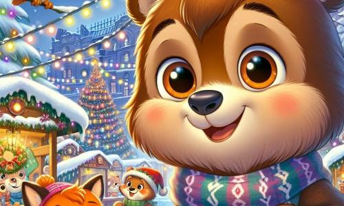 Un jeune ours nommé Oscar, avec une fourrure brune et un large sourire, est émerveillé par la magie de Noël. À ses côtés, une renarde nommée Zoé, avec un pelage orange et des taches blanches, tient une pomme d'amour colorée. Un hibou sage, perché sur une branche, observe la scène. Le marché de Noël se déroule dans un village enneigé, avec des stands décorés et des flocons de neige tombant doucement. Oscar, Zoé et le hibou sont prêts à vivre une aventure magique au cœur de ce marché enchanteur.