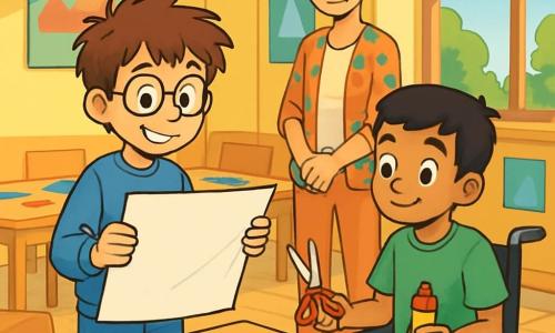 Il y a trois personnages : Lucas, un garçon de 9 ans avec des cheveux bruns en bataille et des lunettes rondes, portant un pull bleu et un jean, qui tient une grande feuille de papier avec un sourire déterminé ; Mehdi, un garçon de 9 ans aux cheveux noirs, assis dans un fauteuil roulant, portant un t-shirt vert et un short, tenant des ciseaux et un rouleau de colle ; et Madame Clara, une femme adulte aux cheveux châtains attachés, portant une blouse colorée, qui observe les enfants avec bienveillance. La scène se déroule dans une salle de classe lumineuse aux murs jaunes, avec des tables en bois en cercle et des fournitures d'art. Lucas et Mehdi travaillent ensemble sur un poster, concentrés et déterminés, tandis que Madame Clara les encourage. L’atmosphère est joyeuse et collaborative.
