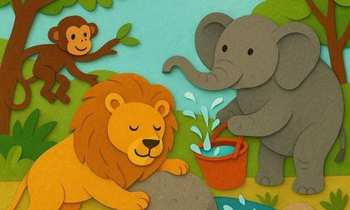 Un lion doux et sage à crinière dorée pousse un rocher, un éléphant gris tient un seau d'eau prêt à verser, un singe brun grimpe sur une branche à gauche et un petit oiseau bleu vole au-dessus pour montrer la direction; au bord d'un ruisseau redevenu clair avec pierres rondes, herbes et fleurs, le rocher roule, l'eau jaillit en gouttes brillantes avec poissons sautant, ambiance joyeuse et solidaire, couleurs vives, contours nets et textures papier visibles, composition simple et lisible.
